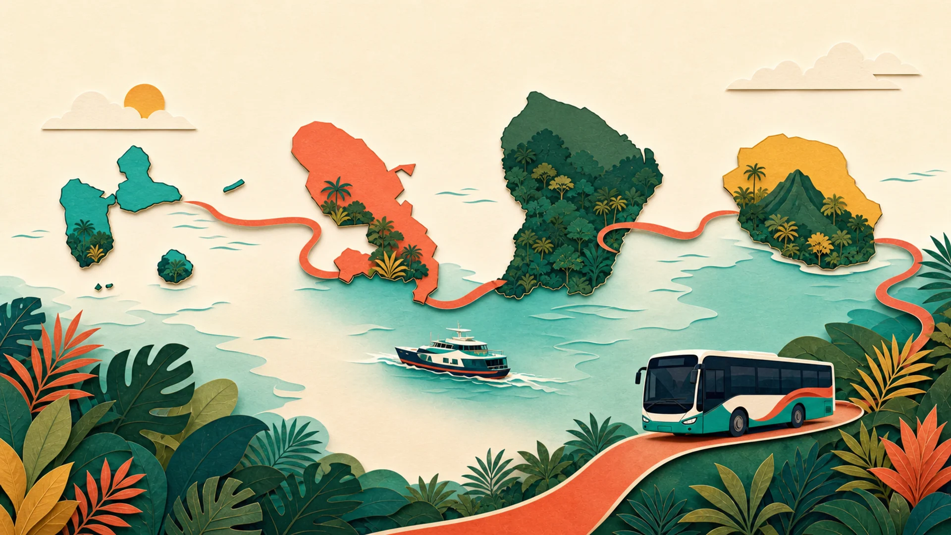 Un bus et une navette relient plusieurs paysages tropicaux des territoires Batjé